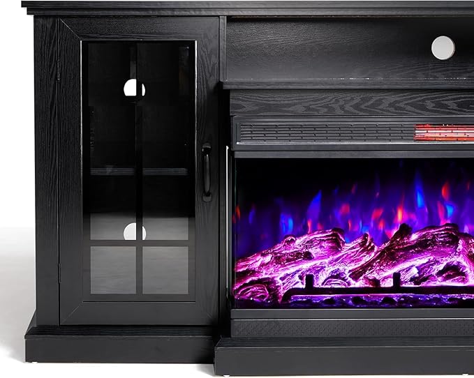 AMERLIFE 75in 3-Sided Glass Fireplace TV Stand for TVs up to 85", Rustic Fireplace Media Entertainment Center Console Cabinet Table with Glass Door Closed Storage, Black