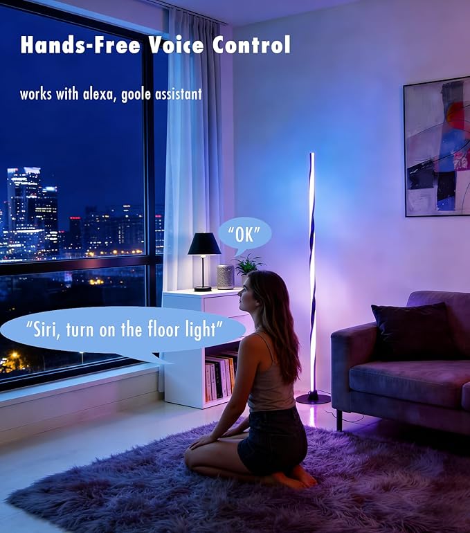 Smart RGBWIC Floor Lamp, LED Corner Lamp compatible with Alexa, Modern Black Floor Lamp with Music Sync and 16 Million DIY Colors, Dimmable Color Changing Standing Lamp for Bedroom Living Game Rooms