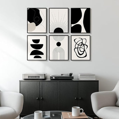 Framed Boho Black and White Abstract Wall Art, Set of 6 Modern Canvas Prints Paintings Artwork for Walls, Minimalist Geometric Pictures for Living Room Bedroom Office Bathroom Wall Decor 11x14 Inch