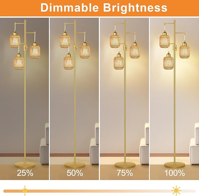 ZECOXOL Boho Floor Lamp for Living Room Bedroom-3 Light Dimmable Floor Lamp with Three Led Bulb, Rustic Tall Lamp Black Standing Lamp Tree Floor Lamps for Living Room
