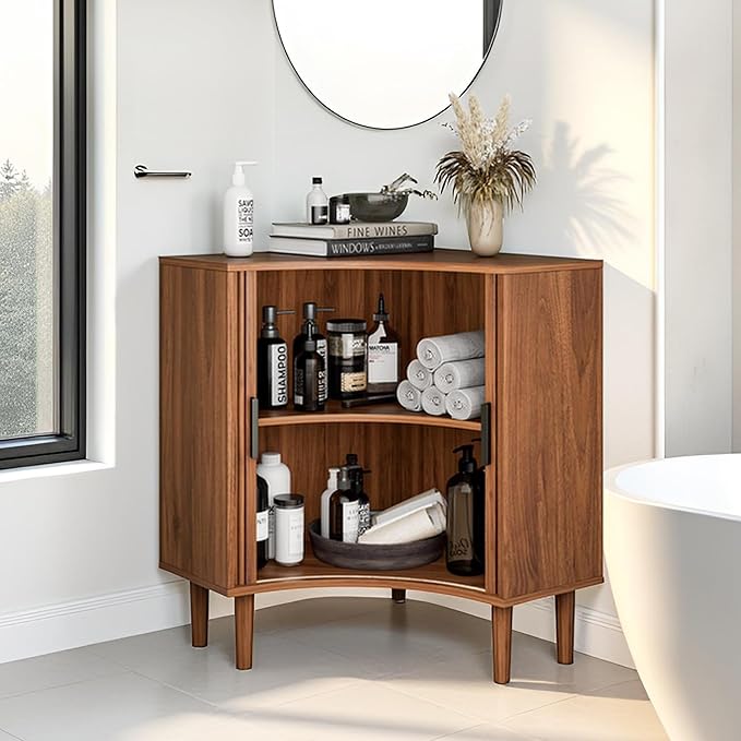 Fluted Corner Cabinet, Small Corner Floor Cabinet with Sliding Doors and Adjustable Shelves, Modern Wooden Freestanding Narrow Storage Organizer for Small Space,Living Room, Dining Room, Bathroom