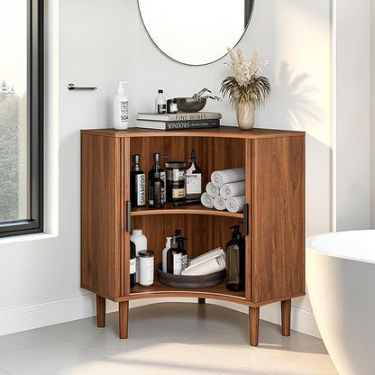 Fluted Corner Cabinet, Small Corner Floor Cabinet with Sliding Doors and Adjustable Shelves, Modern Wooden Freestanding Narrow Storage Organizer for Small Space,Living Room, Dining Room, Bathroom