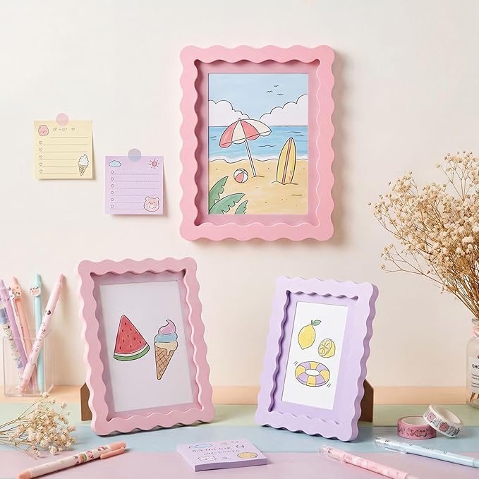 Wonderjune 10 Pack Colorful Scalloped Picture Frames for Girl Room Decor, 3 Sizes 4x6 5x7 6x8, Collage Gallery Wall Frame Set, Cute Curved Picture Frames for Wall or Desktop Display, Photo Walls