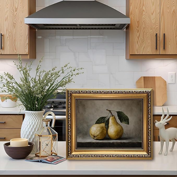 WZGZXU Vintage Gold Framed Wall Art Fruit Wall Decor Pear Canvas Art Still Life Pictures Antique Paintings Cottage Prints For Living Room Kitchen 8x10in