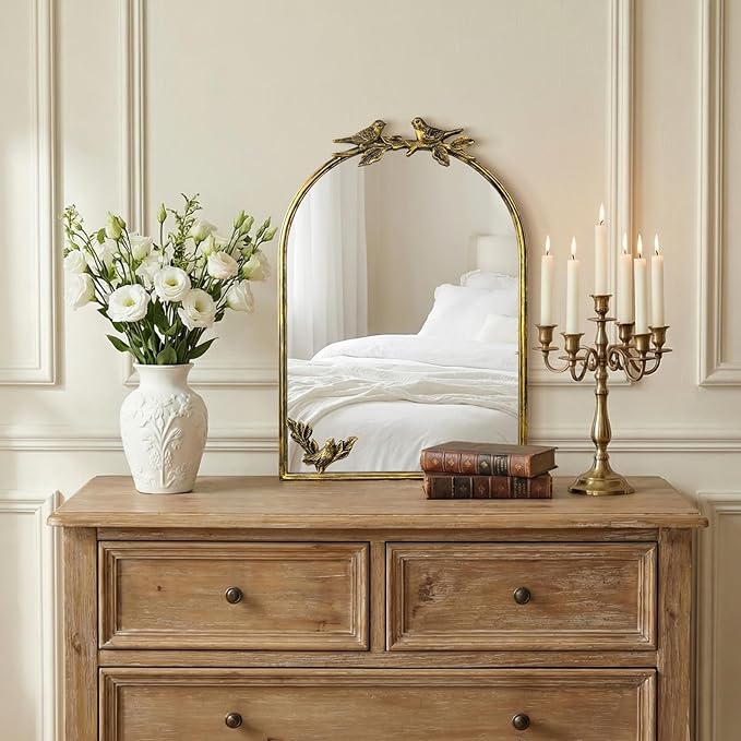Antique Baroque Vintage Vanity Mirror 22x15Inch, Gold with Ornate Antique Frame, Arched Vintage Wall Mirror for Living Room, Fireplace, Entryway