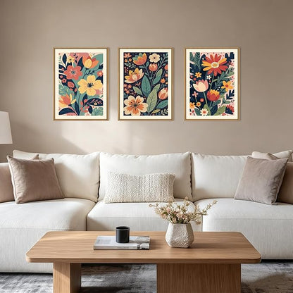 KAIRNE Vintage Colorful Floral Framed Canvas Wall Art Set,Mid Century Modern Flower Wall Decor,Retro Wildflower Art Prints,Boho Botanical Artwork for Living Room,Bedroom,Farmhouse,Office-12 x16 x3