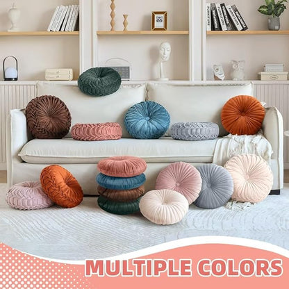 Teieas 2 Pcs Round Throw Pillows Pleated Velvet Pumpkin Round Pillows Floor Cushion for Living Room Couch Chair Bed Sofa 15.7"x15.7"/13.8" x 13.8" (Emerald)