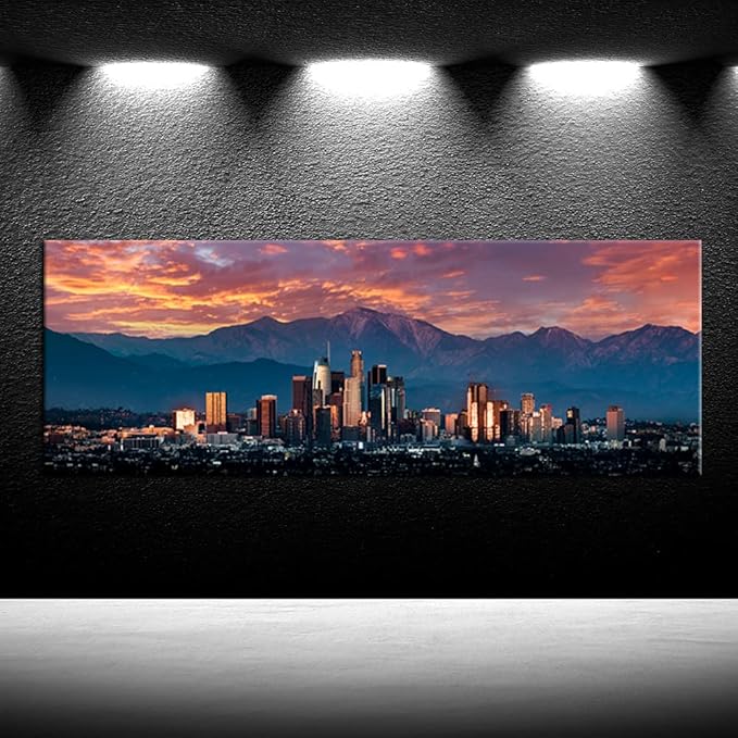 iKNOW FOTO Cityscape Canvas Wall Art California in Sunrise Poster Artwork Canvas Prints USA Famous Landmark Art Wall Decor Downtown Los Angeles Skyline Picture Painting for Bedroom Decor 20x55inch
