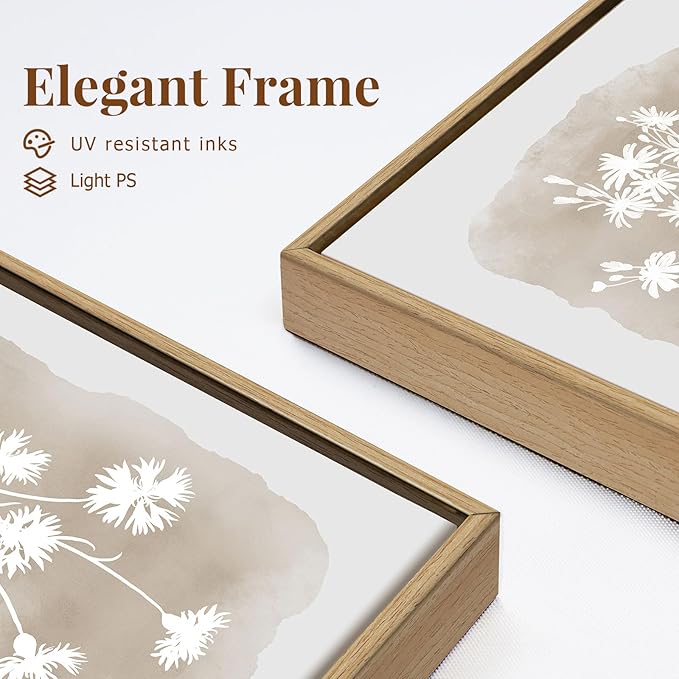 Neutral Wildflower Wall Art Framed Boho Botanical Large Vintage Farmhouse Minimalist Floral Beige Canvas Wall Decor Prints for Living Room Bedroom Office, 3 Panels, 24x36 Inch
