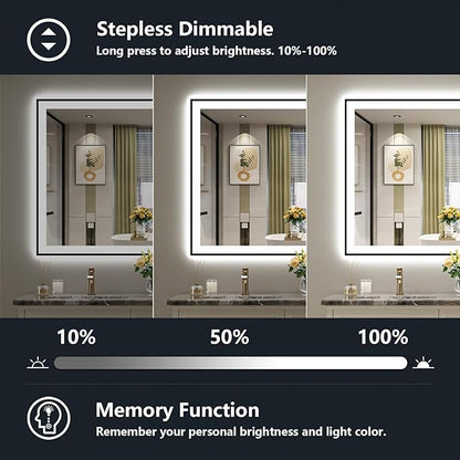 51x40 Inch LED Bathroom Mirror with Lights (Front Lit and Backlit) Black Framed Lighted Vanity Mirror for Bathroom Wall Dimmable Anti-Fog Memory Tempered Glass Horizontal/Vertical