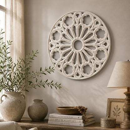 XIAOAIKA Wood Round Decorative Wall Sculpture, Hand-Carved Floral Geometric Design with Distressed White Finish, Vintage Farmhouse Boho Wall Art for Living Room Bedroom Hallway, 24 Inch