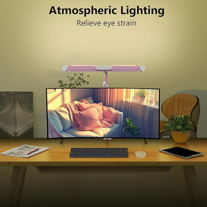 Micomlan Architect Desk Lamp for Home Office, Pink Desk Lamp with Clamp for Working, 24W Bright Rotatable Led Table Light Stepless Dimming Tempering Wide Computer Light for Crafting Puzzle Hobby