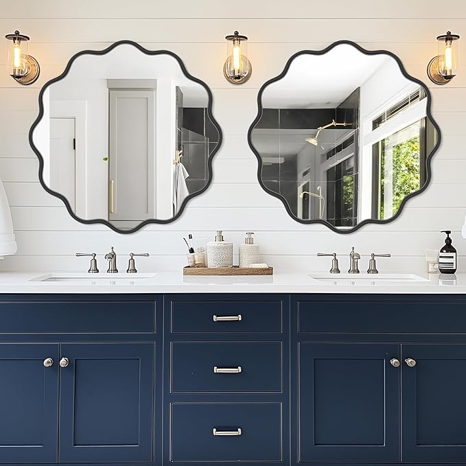 PROHOMEWARE Black Round Mirror 36 Inch Wavy Bathroom Vanity Mirror Black Frame Modern Wall Mirror Decorative Wall-Mounte Anti-Rust, Tempered Glass