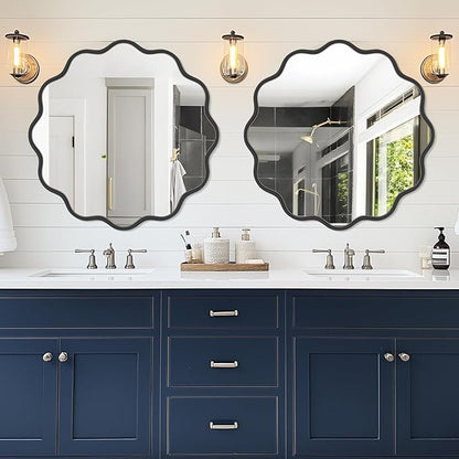 PROHOMEWARE Black Round Mirror 36 Inch Wavy Bathroom Vanity Mirror Black Frame Modern Wall Mirror Decorative Wall-Mounte Anti-Rust, Tempered Glass