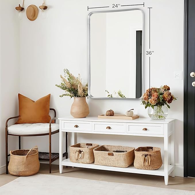 Bathroom Mirror Wall - 24x36 Inch Silver Framed Rectangular Mirror for Bathroom Over Sink, Brushed Metal Frame Mirrors for Restroom, Entryway