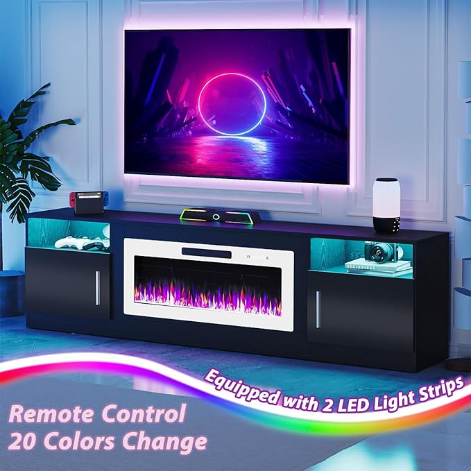 TAVATA 80" Fireplace TV Stand, Modern LED Light Entertainment Center with Storage and 36" Fireplace, Media TV Console for TVs Up to 90", Fire Place TV Stands for Living Room, Black+White