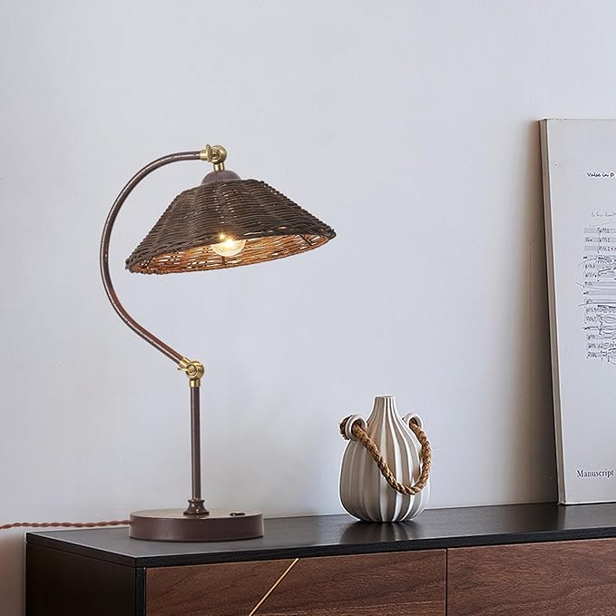 Woven Rattan Table Lamp, Boho Handmade Rattan Shade, Anti-Rust Iron Base Vintage Dark Brown Plug in Desk Lamp, Plug & Play Bedside Nightstand Lamp for Bedroom Living Room Home Office, Bulb Included