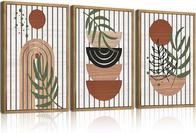 DRACIT Large Boho Mid century Wood Framed Canvas Wall Art Set,Modern Neutral Bohemian Wooden Wall Decor,Minimalist Abstract Geometric Leaf Wall Sculptures for Living Room,Bedroom,Office-16 x24×3
