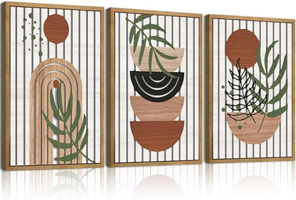 DRACIT Large Boho Mid century Wood Framed Canvas Wall Art Set,Modern Neutral Bohemian Wooden Wall Decor,Minimalist Abstract Geometric Leaf Wall Sculptures for Living Room,Bedroom,Office-16 x24×3