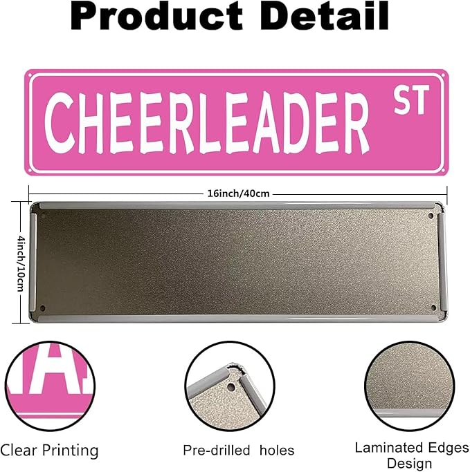 Pink "CHEERLEADER" Street Metal Tin Sign Aesthetic Cheerleading Dance Dancer Cheer Accessories for Girls Home Bedroom Dorm Room Wall 4 x 16 In