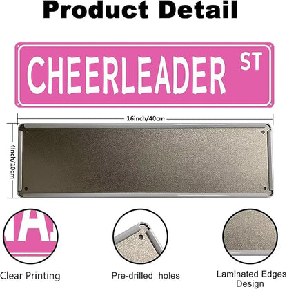 Pink "CHEERLEADER" Street Metal Tin Sign Aesthetic Cheerleading Dance Dancer Cheer Accessories for Girls Home Bedroom Dorm Room Wall 4 x 16 In