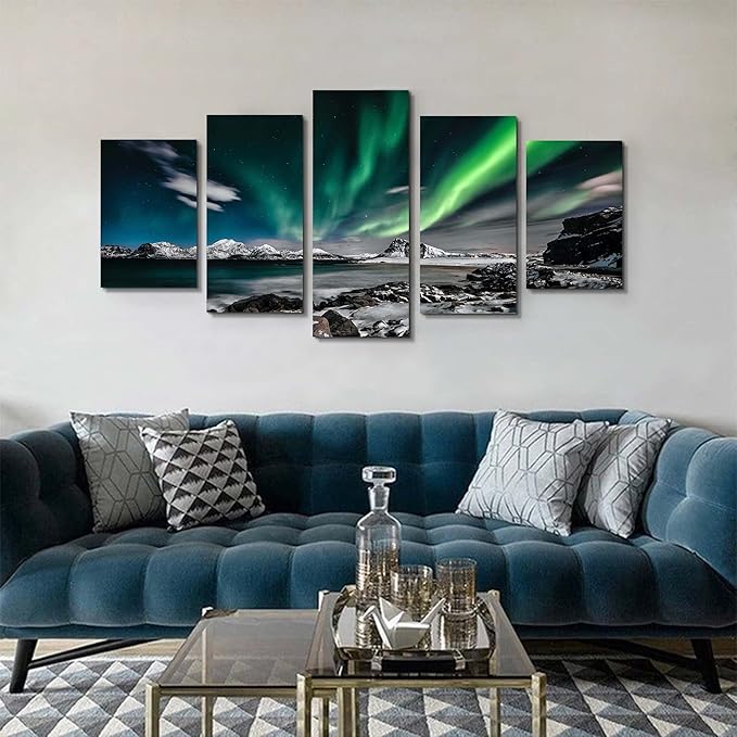 Northern Lights Canvas Print - Aurora Borealis Canvas Wall Art Painting for Living Room Snowy-Mountains-Landscape Poster Picture Wooden Framed Prints Ready to Hang (E-5pcs,80"x40")