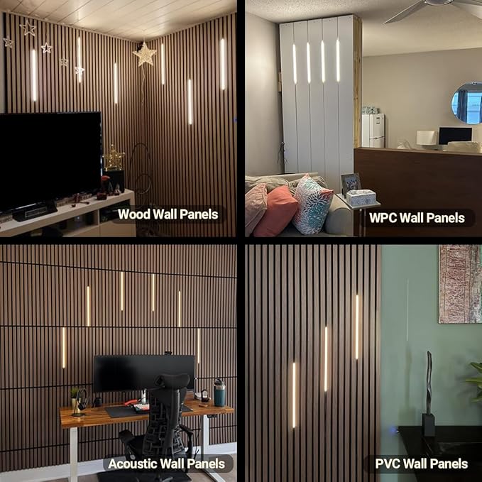 HAMRVL Black Wall Panel Lights, 6PCS 16-Inch 3000K Warm White Wall LED Lights Strip with Touch Switch, Self-Adhesive Dimmable Slat Wall Lights for Wood Slat, Bedroom Fluted Panel, Kitchen Cabinet