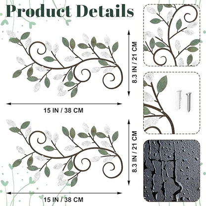 ESTART 2 Pieces Metal Tree Leaf Wall Decor Vine Olive Branch Leaf Wall Art Ornament Wall Hanging Sign for above Door, Living Room, Bathroom, Office, Indoor and Outdoor Decoration (White Green Colors)