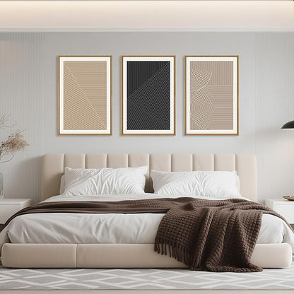 HPNIUB Abstract Neutral Framed Wall Art Set,Mid Century Modern Wall Decor,Boho Geometric Line Art Print,Beige Minimalist Textured Artwork for Living Room, Bedroom,Office-16''x24''x3