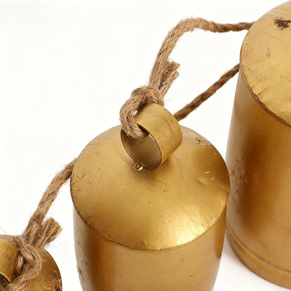 Vintage Gold Metal Cow Bells Set of 3 Handcrafted Hanging Bells with Jute Rope Rustic Farmhouse Distressed Bells for Porch Wreaths Walls & Year-Round Ranch Décor