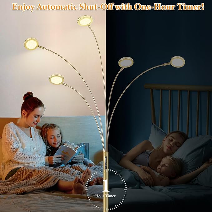 LED Arc Floor Lamp with Remote, 2250LM Dimmable Gold Floor Lamp with Timer, Adjustable Colors, Brightness & 5 Adjustable Arms, Multi-Head Tall Tree Standing Lamp for Living Room Bedroom Corner Office