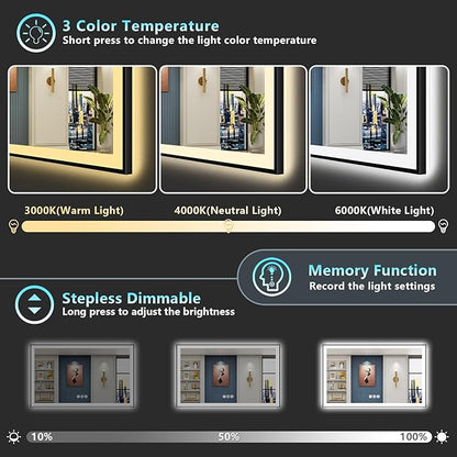 55x40 Black Framed LED Bathroom Mirror with Lights, Backlit and Front Lit Anti-Fog Lighted Vanity Mirrors for Bathroom Wall, Dimmable, 3 Colors, Memory, HD Tempered Glass, Horizontal/Vertical