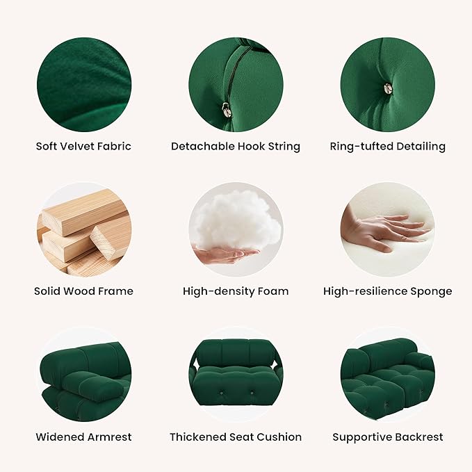 69'' Modular Green Sectional Sofa, Modern Luxury Velvet Loveseat Sofa, Minimalist Bubble Couch, Deep Seat Cloud Sectional Couches for Living Room, Apartment (2 Seats, Green)