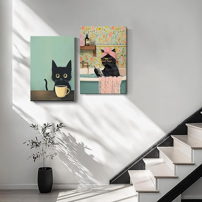 Yaneiro Funny Black Cat Bathroom Canvas Bathroom Wall Art Framed Cute Cat Prints Pictures Posters Wall Decor for Living Room Bedroom Toilet Kids Room Wall Paintings 16x24 in