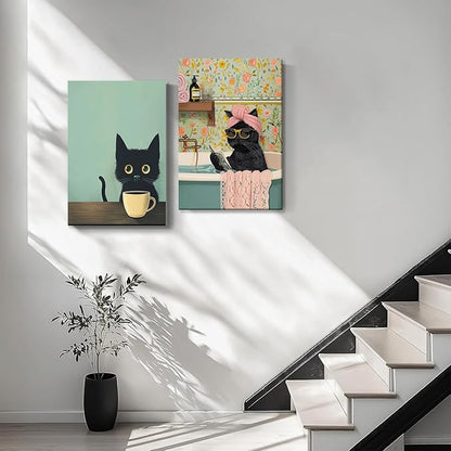 Yaneiro Funny Black Cat Bathroom Canvas Bathroom Wall Art Framed Cute Cat Prints Pictures Posters Wall Decor for Living Room Bedroom Toilet Kids Room Wall Paintings 16x24 in
