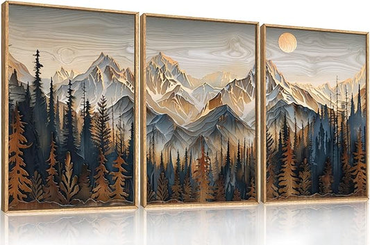 Mountain Wood Framed Canvas Wall Art Set,Rustic Pine Trees Wall Painting,Boho Ridge Scenery Wall Decor,Natural Sun Landscape Art Print for Living Room,Bedroom,Dining Room,Office-24 x36 x3