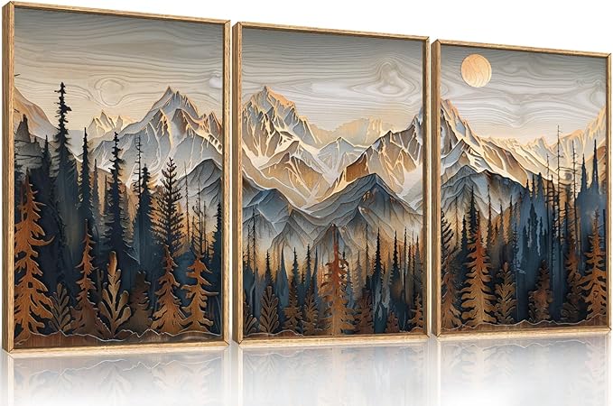Mountain Wood Framed Canvas Wall Art Set,Rustic Pine Trees Wall Painting,Boho Ridge Scenery Wall Decor,Natural Sun Landscape Art Print for Living Room,Bedroom,Dining Room,Office-16 x24 x3