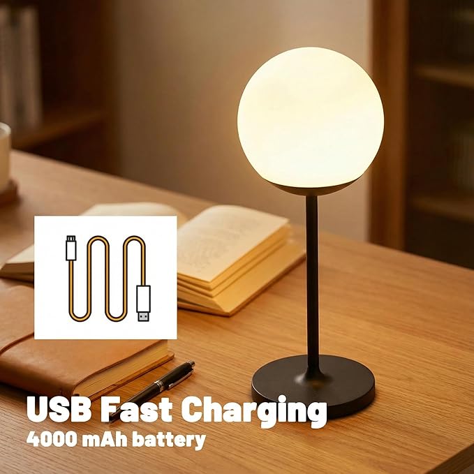 WEILAILUX Cordless Table Lamp with Globe Shade, Rechargeable Dimmable Bedside Light, Shower Lamp Waterproof, Touch Control, 8-72 Hours Runtime, 2700K Warm White for Indoor Outdoor (Wood Grain, Tall)