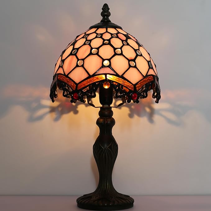 Tiffany Style Lamp Stained Glass Table Lamp 8 x 14.5” Mini Accent Light Pink Beads Design Small Decorative Bedside Reading Memory Lamp