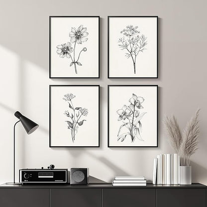 Framed Black and White Floral Wall Art for Bedroom, 4 Piece Vintage Botanical Canvas Paintings Artwork for Modern Farmhouse, Minimalist Flower Pictures for Living Room Kitchen Bathroom Wall Decor