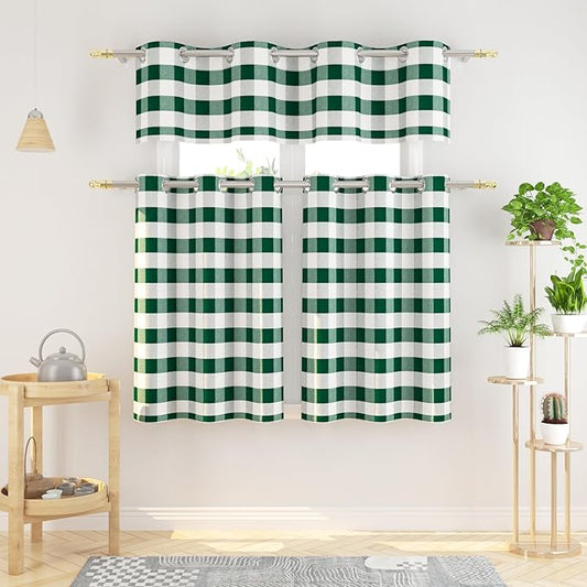 3 Pieces Tier Curtains and Valance Set Buffalo Check Kitchen Tiers Plaid Gingham Grommet Top Classic Short Small Cafe Curtains Country Farmhouse Cafe Bathroom 54"x18"/32"x36" Dark Green & White