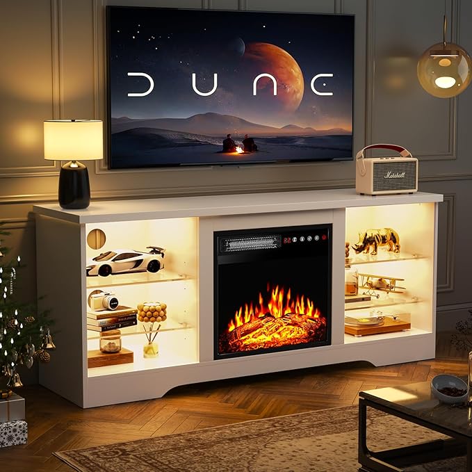 TAVATA Fireplace TV Stand with 18" Fireplace, Modern Entertainment Center for TVs up to 65 inch, Media TV Console for Living Room with Led Lights, Adjustable Glass Shelves and Storage Cabinets (White)