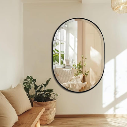 POZINO Oval Beveled Mirror, 24"x36" Bathroom Vanity Mirror Over Sink, Pill Shaped Capsule Wall Mounted Mirrors, Modern Oblong Mirrors for Living Room Bedroom Entryway, Hangs Vertically or Horizontally