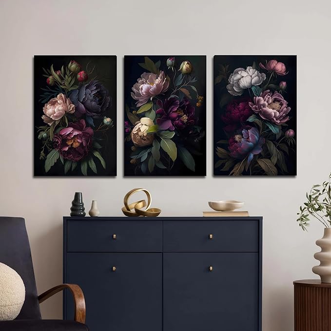 ICHZUMW Moody Floral Wall Art Framed, Vintage Peony Wrapped Canvas Wall Art, Set of 3, Dark Academia Floral Prints, Gothic Flower Pictures for Bedroom Living Room Decor, Elegant Botanical Home Decor