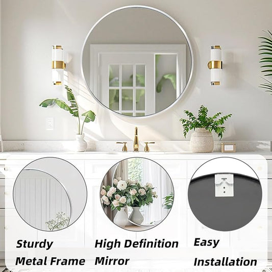 Silver Circle Mirror, Round Mirror 20 inch, Round Wall Mirrors Metal Frame, Circle Mirrors for Bathroom, Living Room, Hallway, Vanity, Over Sink