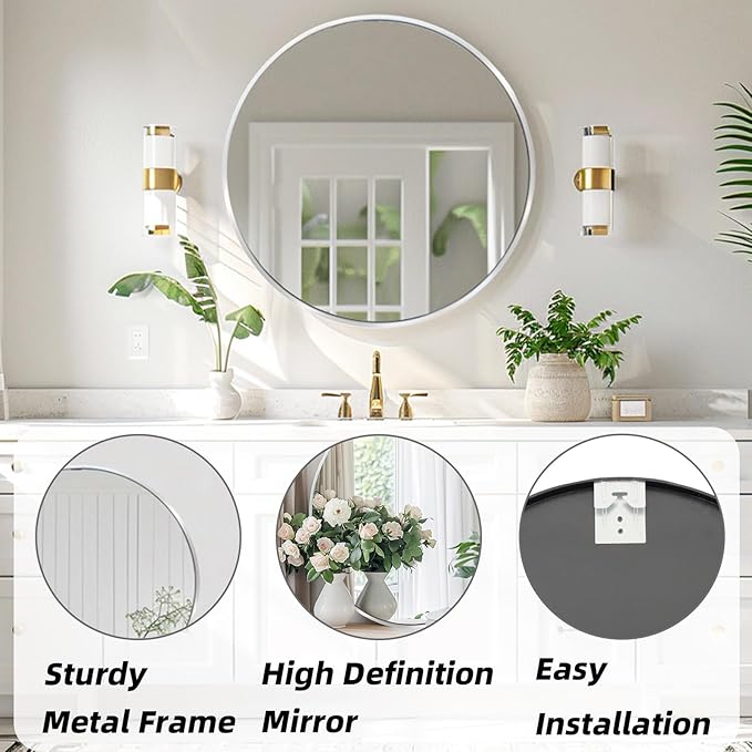 Silver Round Mirror, Circle Mirror 30 inch, Round Wall Mirrors Metal Frame, Circle Mirrors for Bathroom, Living Room, Hallway, Vanity, Over Sink