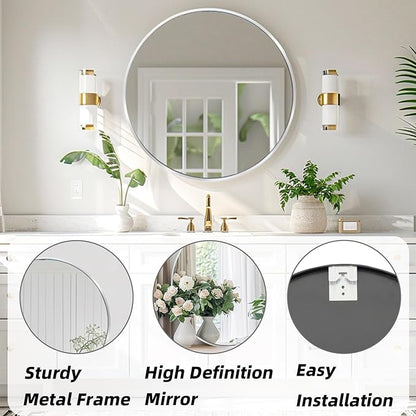 Silver Round Mirror, Circle Mirror 24 inch, Silver Round Bathroom Mirrors, Circle Wall Mirrors for Bathroom, Living Room, Hallway, Vanity, Over Sink, Mantel