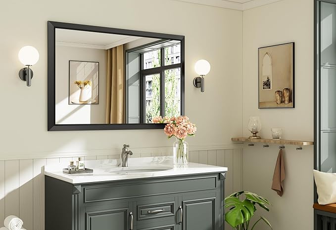 Briivue 48x32 Inch Black Bathroom Mirror for Wall, Thick Metal Framed Rectangle Mirrors for Over Sink, Bedroom, Living Room, Entryway, Anti-Rust, HD Tempered Glass