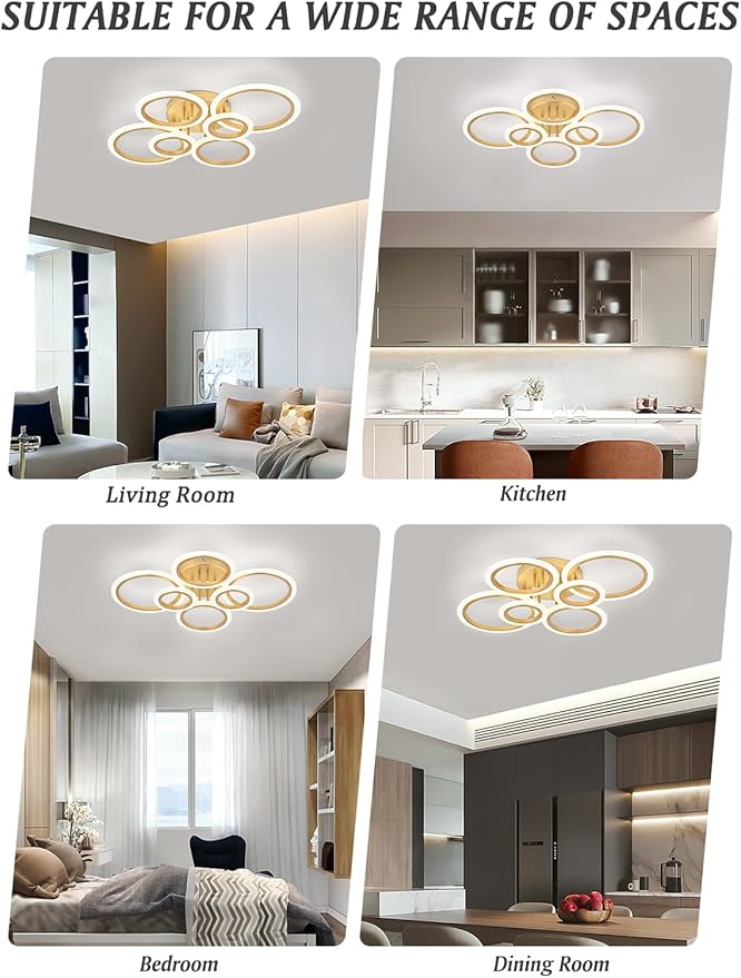 Modern LED Flush Mount Ceiling Light, 6 Rings Gold Close to Ceiling Light Fixtures, Living Room Lighting Fixture Ceiling Lamp for Kitchen, Bedroom, Laundry Room, 4000K Not Dimmable
