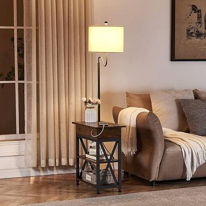 Dungoo Floor Lamp with Table, Narrow End Table with Lamp, Bedside Nightstand with USB & Type-C Ports and 2 Outlets, Rustic Side Table with Storage Shelf, End Table with Lamp for Living Room